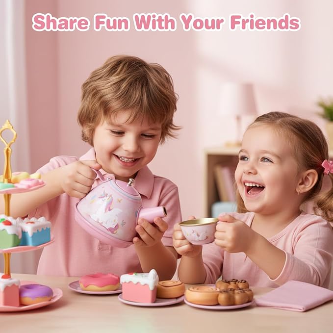 Tea Party Set for Little Girls, 49PCS Princess Tea Time Toys Including Tea Set Dessert Carrying Case, Toddler Girl Toys Kids Kitchen Pretend Playset, 3 - 8 Year Old Girl Birthday Children's Day Gifts