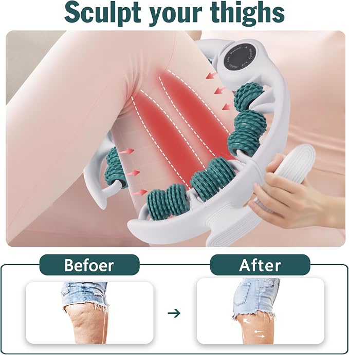 Cellulite Massage Tool Lymphatic Drainage Massager for Thighs & Legs & Buttocks, Anti Cellulite Roller with Detachable Handles Fascia Massage Tool for Contoured & Smoother Skin, White-Green