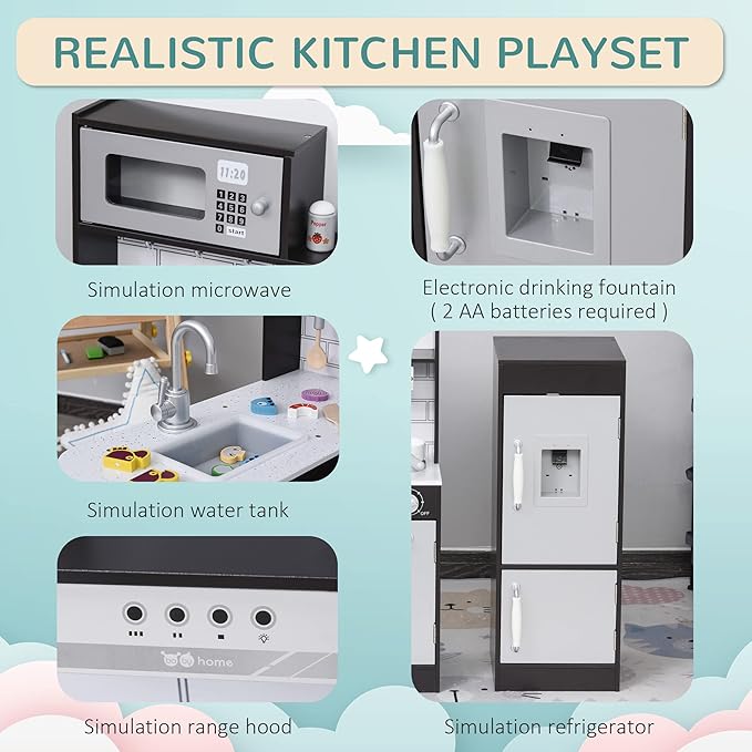 Qaba Corner Kids Kitchen Playset, Wooden Pretend Toy Kitchen Set with Drinking Fountain, Microwave, Fridge and Accessories, Pretend Play Kitchen for 3+ Years, Black