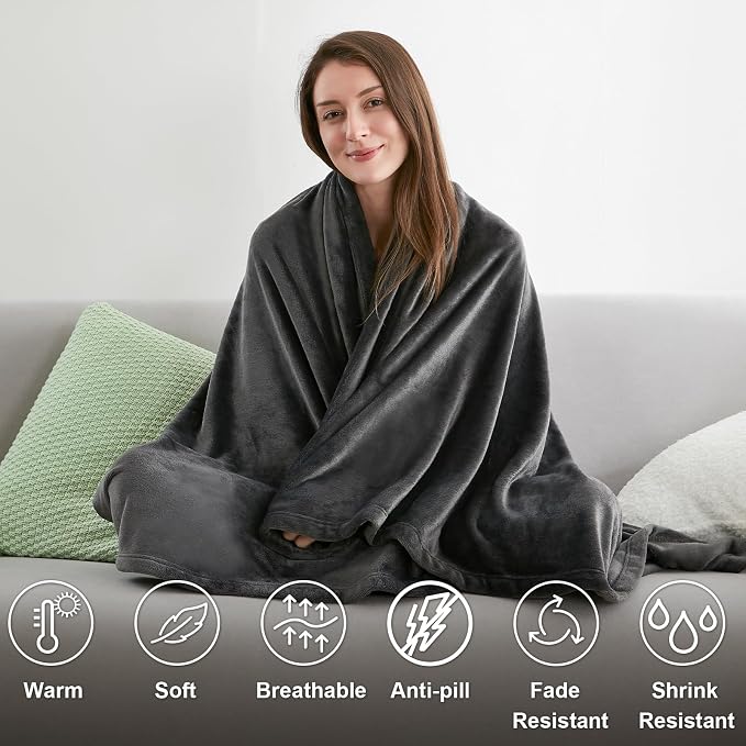 Hansleep Throw Dark Grey Fleece Blanket, Soft Flannel Bed Blanket | Fuzzy Cozy Blanket 50x60 Inches, Multi-use for Bed, Sofa, Couch, Travel, Camping, All Season Warm Lightweight Cover