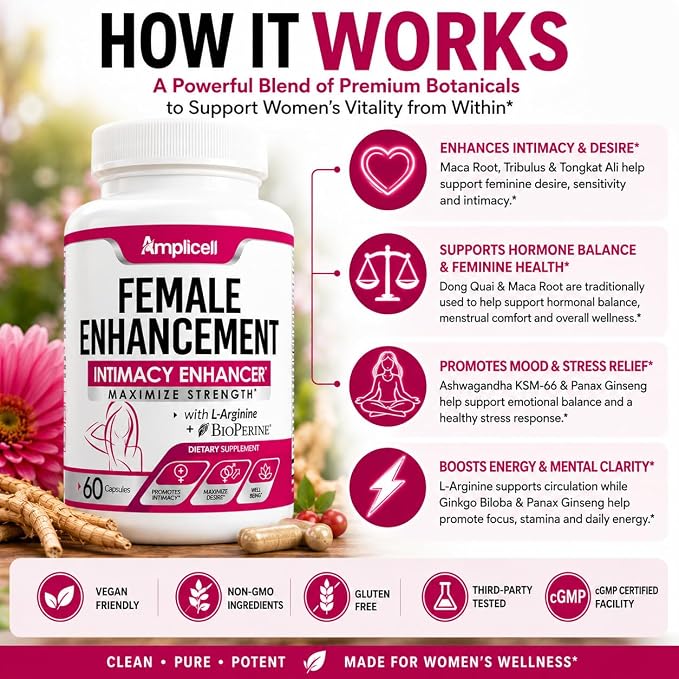 AMPLICELL Women's Libido Support & Hormone Balance – Maca, Ashwagandha, Dong Quai, Ginseng & Tongkat Ali – Energy, Mood & Feminine Vitality – Non-GMO, Vegan – 60 Ct