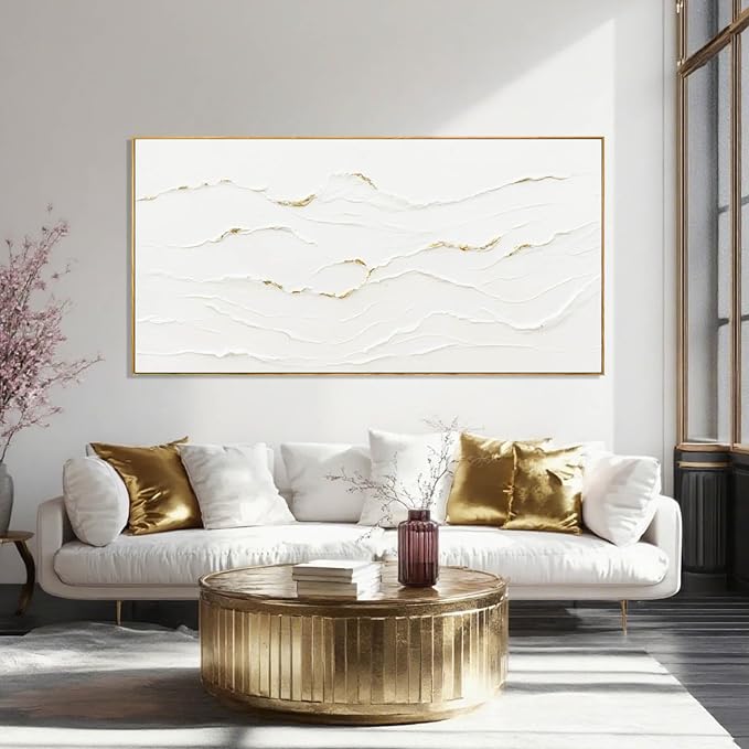 Framed White Gold Abstract Wave Canvas Wall Art for Living Room 24x48 Inch