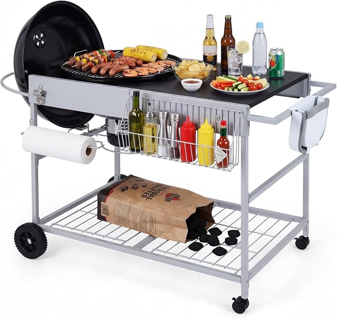 HAPPYGRILL Outdoor Grill Table w/Storage for 18”& 22” Weber Original Kettle | Movable BBQ Grill Cart with Wire Rack, Seasoning Rack & Garbage Can, Prep Kitchen Island for Backyard Camping Picnic