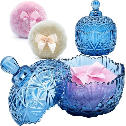 4" Glass Dusting Powder Container with 2 Fluffy Puffs,Cute 3.5" Soft Body Powder Puff and Jar Set(Crown-gray blue)