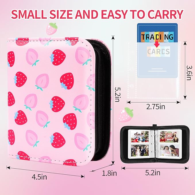 Small 1 Pocket Card Binder for Cards,Mini Trading Card Binder Holder Fits 80 Cards with 40 Removable Sleeves,Card Collection Binder Album Book Case for TCG,MTG,Sports Games (Strawberry Peach)