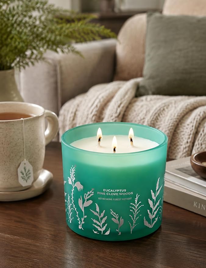 Eucalyptus Pine Clove Woods Scented Candle - Large 3-Wick Aromatherapy Soy Candle for Home, 14.5oz - Pine Balsam Forest Stress Relief Candle - Birthday Gift for Women & Men