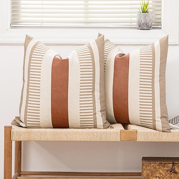 2 Pack 20x20 Inch Pillow Covers - Brown Faux Leather & Tan Stripe Print Soft Canvas Splicing, Same Pattern Both Sides | for Sofa Couch Bed Living Room, Farmhouse Industrial Minimalist Decor