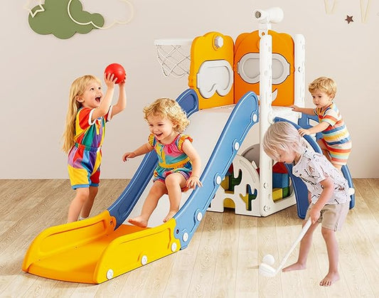 8-in-1 Toddler Slide, Indoor Slide for Toddlers Ages 1-3 and Indoor/Outdoor Play Set Playground with Storage, Climber, Telescope, Golf Set, Drawing Set, Basketball Hoop Bear Theme