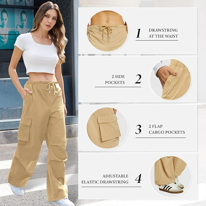 COPYLEAF Cargo Pants Women Low Waisted Parachute Pants with Pockets Loose Baggy Hiking Pants Y2K Clothes