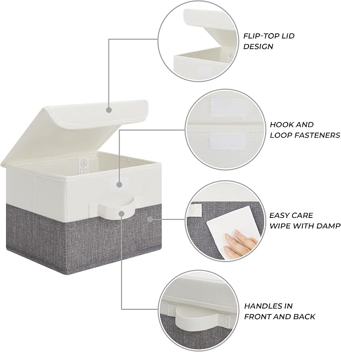 GRANNY SAYS Memory Keepsake Storage Box, Fabric Storage Bins with Lids | Flip-Top Lid, Collapsible, Stackable, 3 Handles, Ideal for Closet Clothes Blanket Toys, Small, White/Gray, 2-Pack