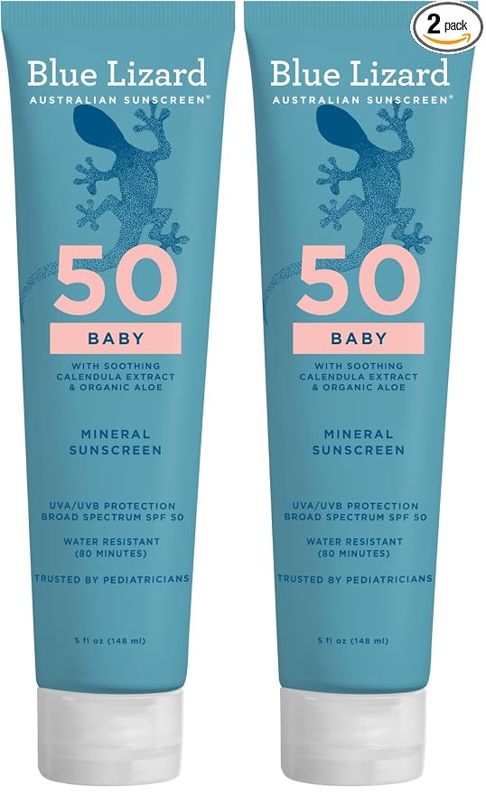 Blue Lizard BABY Mineral Sunscreen with Zinc Oxide,SPF 50+,Water Resistant,UVA/UVB Protection with Smart Cap Technology - Fragrance Free,5 oz. Tube,(Pack of 2)