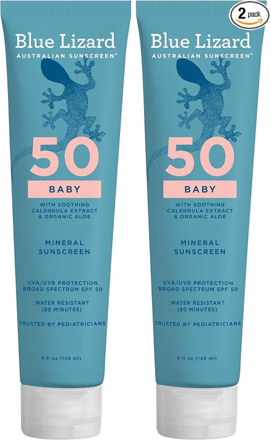 Blue Lizard BABY Mineral Sunscreen with Zinc Oxide,SPF 50+,Water Resistant,UVA/UVB Protection with Smart Cap Technology - Fragrance Free,5 oz. Tube,(Pack of 2)