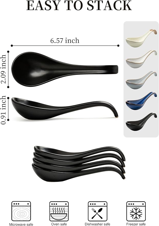 LYEOBOH Soup Spoons, Ceramic Ramen Spoon Set of 6-6.5inch Japanese Spoons | Chinese Spoons with Deep Hook Non-slip, Stackable Korean Spoons Deep for Pho Pasta Cereal, Dishwasher & Microwave Safe, Black