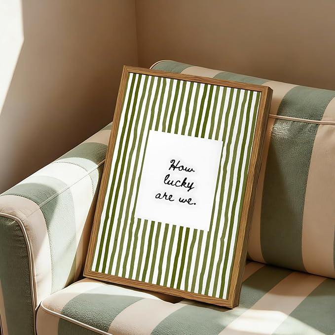 Framed How Lucky Are We Wall Art, Green Striped Pictures Wall Decor, Trendy Inspirational Quote Paintings Canvas Prints Preppy Home Decor for Living Room Bedroom Office Dorm 16x24 inch