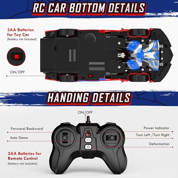 Remote Control Car for Boys 8-12 4-7, 2.4GHz RC Car 1:18 Scale, One-Button Transforming Toy with 360° Spins, LED Lights