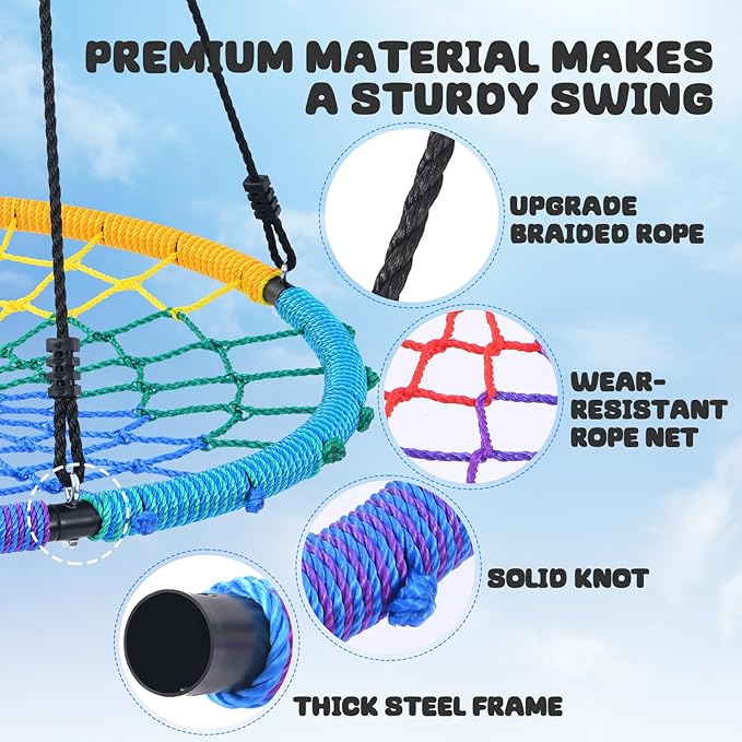 Trekassy 750lbs 40" Spider Web Saucer Tree Swing for Kids Adults, Outdoor Net Swing with Steel Frame and 2 Hanging Straps-Rainbow (Patented)