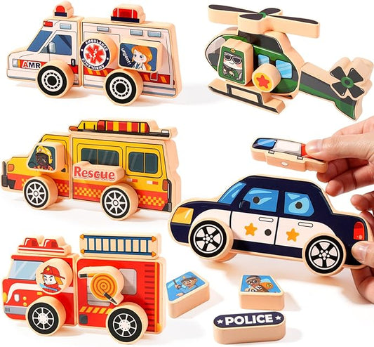 Emergency Vehicle Building Toys,Rescue Squad Wooden Magnetic Connection Building Blocks for Kids 3-8, Montessori Take Apart Toy - Fine Motor Building Toy Gift for 3 4 5 Years Old Kids