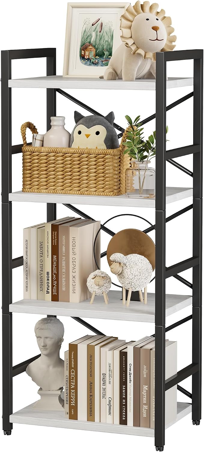 Homeiju 4 Tier Small White Metal Bookcase for CD/Movie/Book, Book Shelf Organization and Storage for Living Room, Kid's Room, and Home Furniture - 1018WH