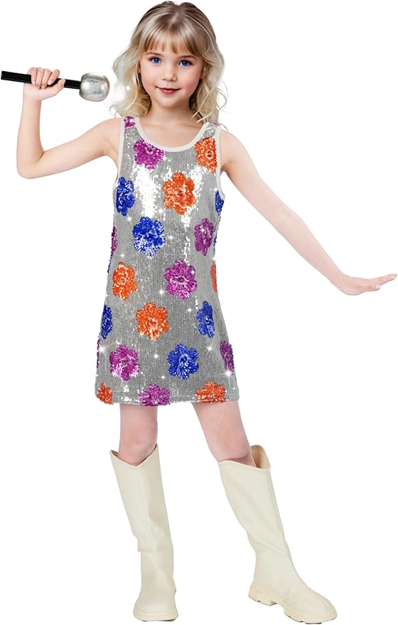 Girls Sequin Dress Sparkly Sleeveless Costume Prom Concert Party Outfit with Glitter Microphone Prop