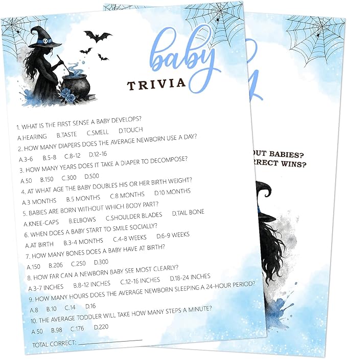 Hilarious Baby Shower Games, 25 Sets Halloween Baby Trivia + Answer Card, Blue Witch Gender Reveal Game Cards for Party Announcement Supplies - B07