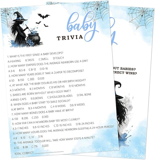 Hilarious Baby Shower Games, 25 Sets Halloween Baby Trivia + Answer Card, Blue Witch Gender Reveal Game Cards for Party Announcement Supplies - B07