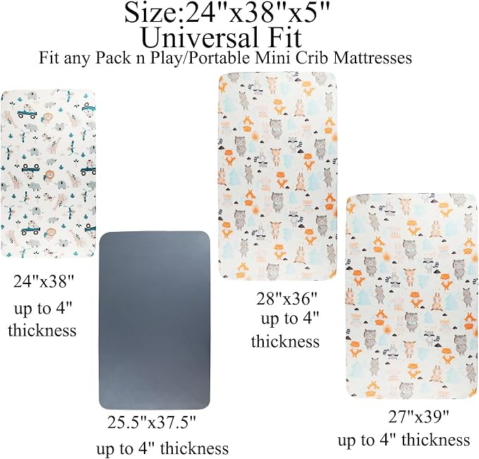Pack n Play Sheet Stretchy Fitted Portable Mini Crib Sheets Set 3 Pack,Playard Sheets Convertible Playard Mattress Cover,Ultra Soft Jersey Material,Elephant Tiger,Fox & Grey
