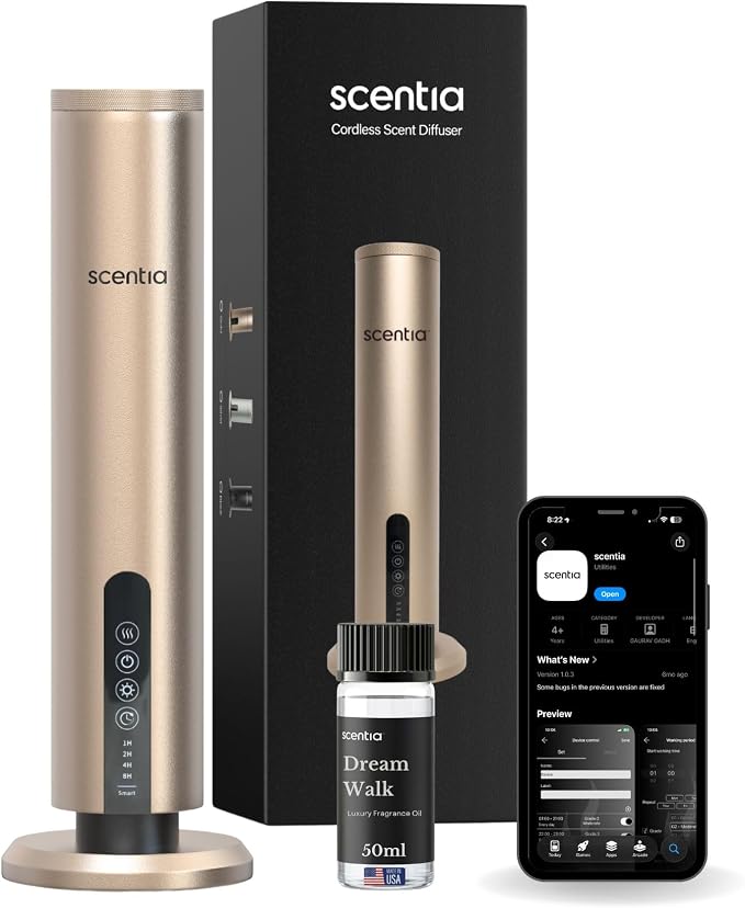 Scentia Wireless, Cold Air, Waterless Hotel Scent Diffuser for Home,Office or Spa Aromatherapy | Includes Premium USA-Made Oil Blend | App Controlled, | Covers 1500 Sq Ft | 72 Hrs in 1 Charging |Gold