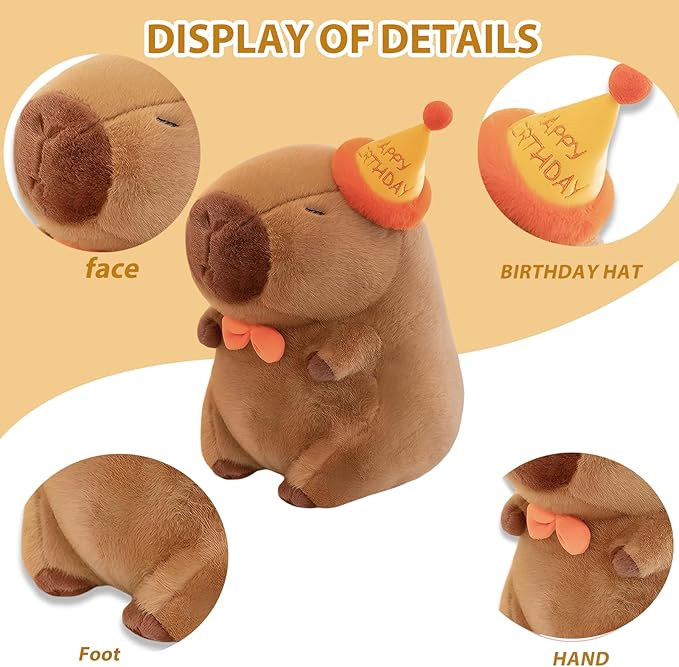 Capybara Plush - 15.7Inch Cute Capybara Stuffed Animal Toy with Birthday Cap- Adorable Soft Capibara Pillow Toy Plushies - Perfect Capybara Present for Girls and Boys