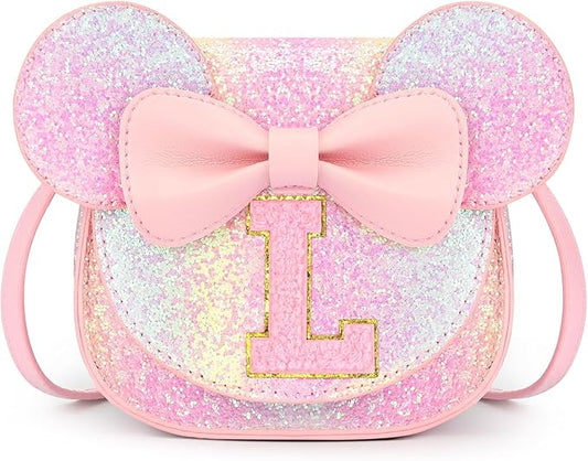 mibasies Toddler Purse Girl Gifts: Girls Birthday Gifts for 3-8 - Toys for Ages 2-4 Girls Mouse Ears Purse, Glitter Rainbow, Letter L