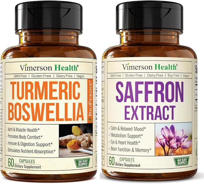 Boswellia Turmeric Curcumin Supplement + Pure Saffron Supplements for Women & Men Bundle – Supports Joint Health, Mood & Calm, Eye Health – with Ginger Root, Organic Turmeric Powder, Saffron Extract