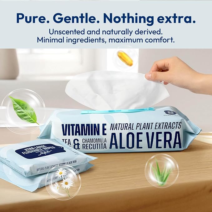 RPE Life Flushable Wet Wipes - 6 Large Packs (360 Ct) - Unscented Extra-Large Body & Hand Tissue with Vitamin E & Aloe - For Adults, Children & Kids - Ideal for Home, Bathroom, Car & Everyday Hygiene