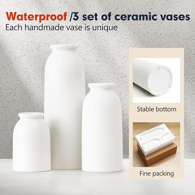 White Ceramic Vases Set of 3, Small Flower Decorative Vase Waterproof | Farmhouse Vases for Pampas Grass & Dried Flowers, Rustic Vase for Table Bookshelf, Living Room