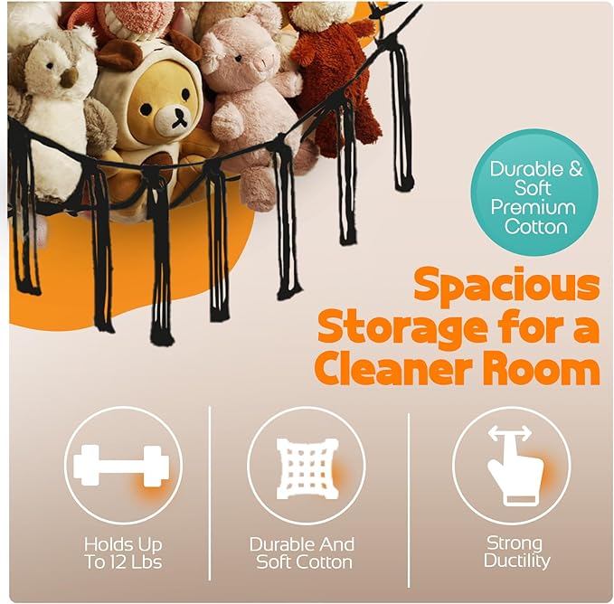 Stuffed Animal Storage Hammock Large Toy Storage Net Stuff Animal Hanging Organizer Holder for Plush Plushie Included Anchors & Hooks Teddy Bear Storage Boho Room Decor