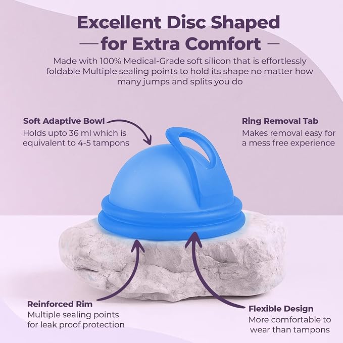 Reusable Menstrual Disc (2 Pack) - Soft Medical Grade Silicone Period Disc for Light & Heavy Flow, Leakproof 12-Hour Protection, Easy Removal, Menstrual Cup, Tampon & Pad Alternative, Two Sizes