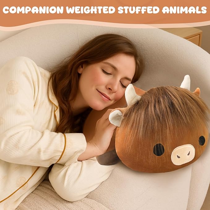 Weighted Stuffed Animals, 3.74 lbs Highland Cow Stuffed Animal with Weighted Beads, Cute Plush Toy Pillow Gifts for Adults Kids Boys Girls