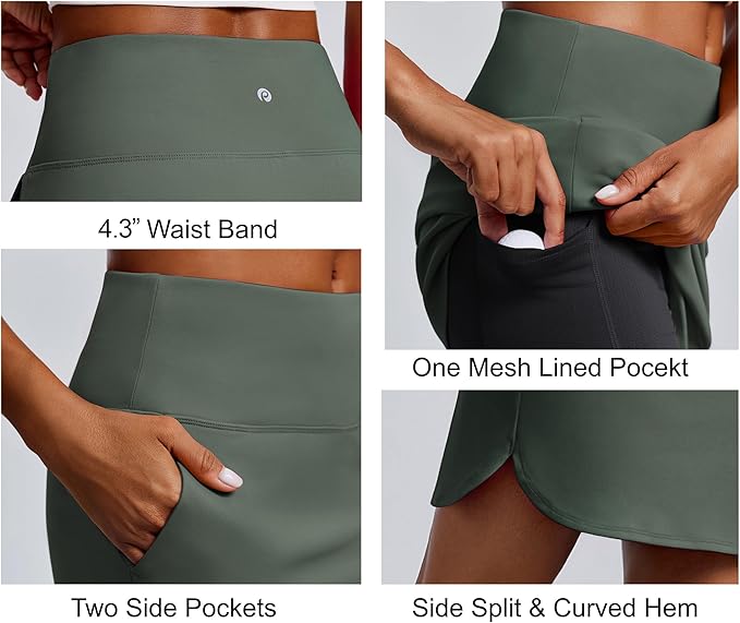 PINSPARK 18" Skorts for Woman Above Knee Length Golf Skirts 3 Pockets | High Waist, Built in Shorts, UV Protection, 4-Way Stretch, Soft, Dolphin Hem, Athletic, Tennis, Pickleabll, Casual