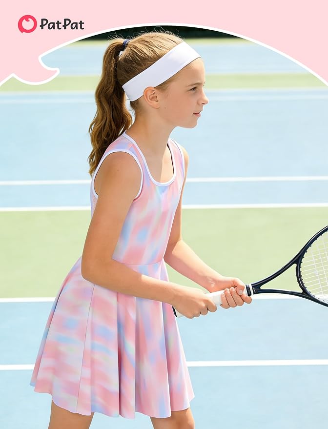 PATPAT Girls Athletic Dress Tennis Summer Outfit with Headband & Shorts | Quick-Dry RapidAir-C Fabric, Lightweight Breathable Golf Dress, Sweat-Wicking 2 Piece sets, Two Hidden Pockets