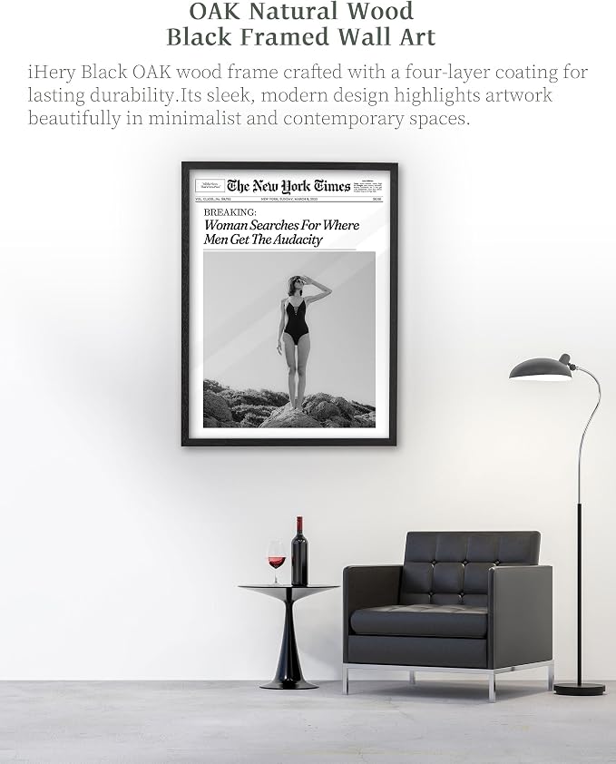 iHery 16x20in Where Men Get the Audacity Framed Newspaper Wall Art | Black Natural OAK Wood Frame with Canvas Print, Funny Magazine Decor for Bathroom Bedroom Girl Dorm Living Room, 1Pack