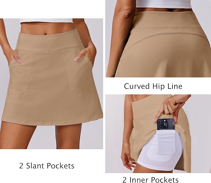 PINSPARK 17" Golf Skorts for Woman High Waisted Tennis Skirt with 4 Pockets | Lightweight, Quick Dry, 4-Way Strecth, Breathable, Tummy Control, UPF 50+ Athletic Skort for Workout, Pickleball, Gym, Casual