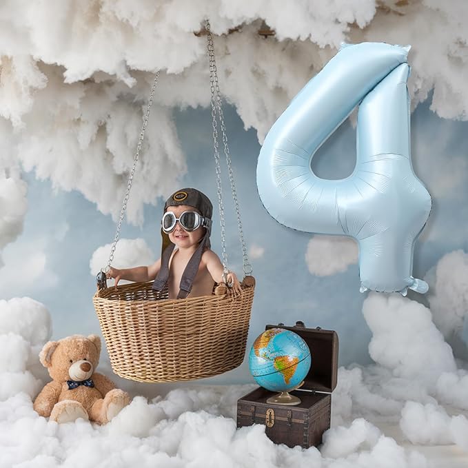 Foil 4 Balloon, Light Blue Big Number 4 Balloons for Boys Birthday Party Decor, 40 Inch Mylar Helium Self Inflating Number Four Sky Baby Blue Balloon for Kids 4th Birthday Party Anniversary Decoration