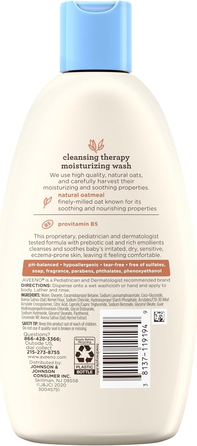 Aveeno Baby Cleansing Therapy Moisturizing Baby Body Wash with Natural Oatmeal & ProVitamin B5, Gentle Tear-Free Baby Bath Wash for Sensitive & Eczema-Prone Skin, Hypoallergenic, 8 oz (Pack of 12)