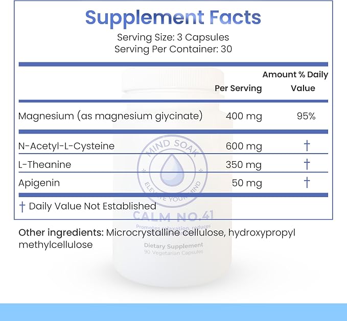 Mind Soak™ Calm No. 41 Magnesium Glycinate & L-Theanine Stress Relief Supplement with NAC and Apigenin | 90 Vegan Capsules | Non-GMO | Made in Canada