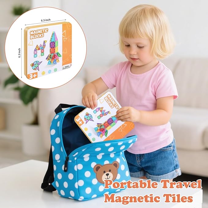 60 PCS Mini Magnetic Tiles, Travel Magnetic Tiles Magnetic Building Blocks with Iron Box, Portable Travel Toys for Kids Ages 4-8, STEM Learning Educational Construction Travel Toys for Toddlers 3-5