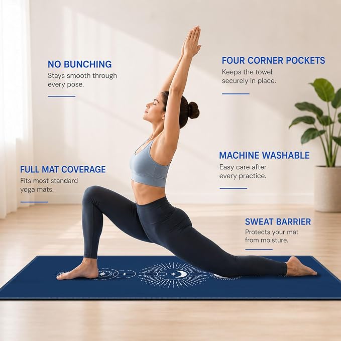 Yoga Mat Towel, Hot Yoga Non Slip with 4 Corner Pockets, 70 x 26 in | Soft Absorbent Microfiber With Four Corner Pockets, Fits Over Yoga Mats For Hot Yoga, Pilates, Gym, And Travel