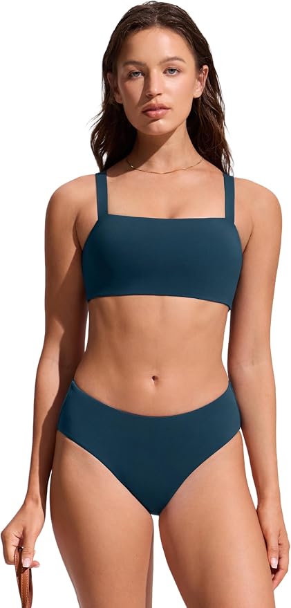 CRZ YOGA Square Neck Bikini Tops for Women - Padded Wide Straps Full Coverage Bathing Suit Swim Bra
