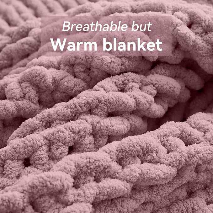 Negwoo Chunky Knit Throw Blanket, Knitted Throw Chenille Yarn, 50"*60" | Soft Thick Cable Knitted Blankets, Handmade Big Thick Blanket, Machine Washable Cute Comfy Blanket for Home Decor, Muted pink