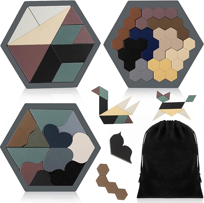 Yunsailing 3 Pack Hexagon Tangram Puzzle Wooden Brain Puzzles with Storage Bag Challenge Wood Russian Blocks Brain Teasers Geometric Jigsaw Block Logic Iq Stem for Family Party Gift (Modern)