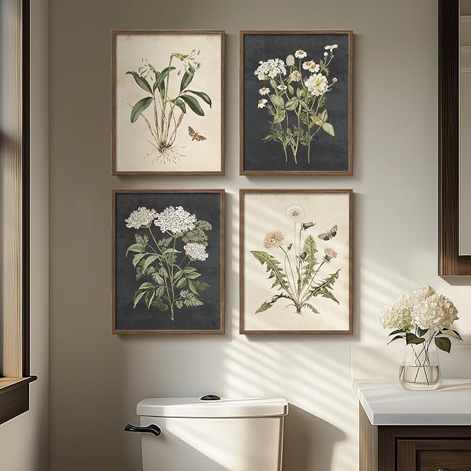 Framed Vintage Botanical Floral Wall Art for Bathroom, 4 Piece 8x10 In | Farmhouse wall decor, Flower pictures, Rustic retro paintings, Ready to hang canvas prints, Kitchen bedroom home decor