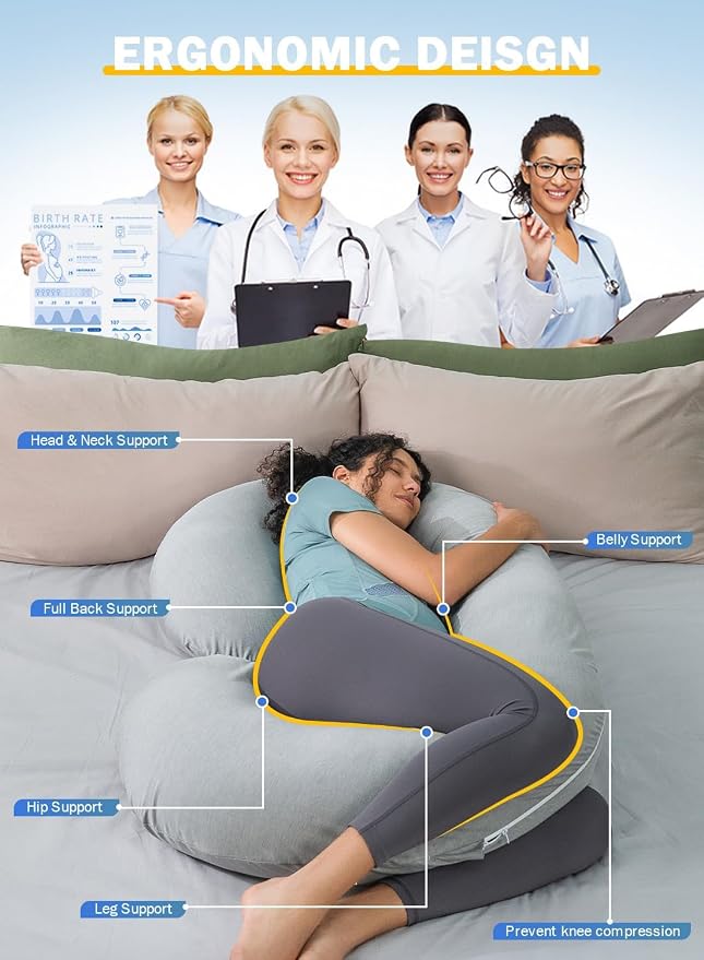 INSEN Cooling Pregnancy Pillow, Maternity Pillow with Soft Tencel Cover,C Shaped for Pregnant Women and Side Sleeping, Dark Gray