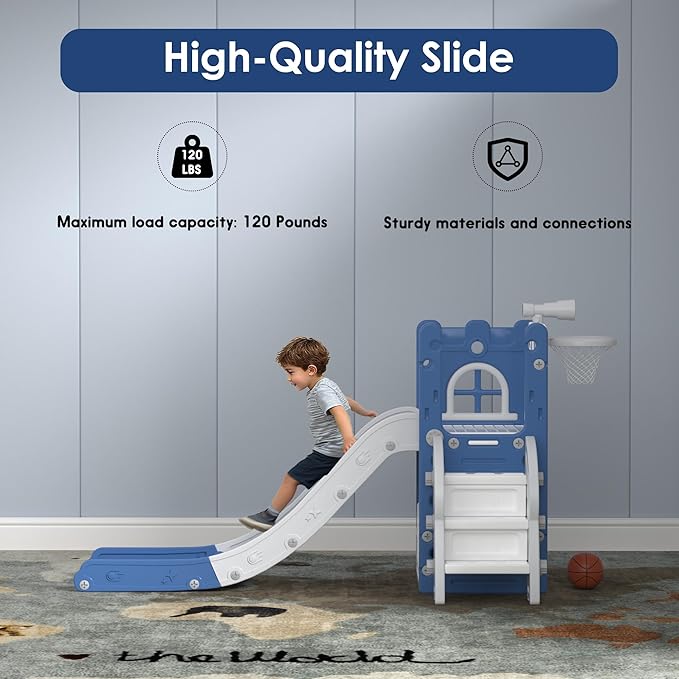 6 in 1 Toddler Slide Playset, Kids Indoor Outdoor Playground with Basketball Hoop,Storage and Telescope,Toddler Climber Slide Activity Center